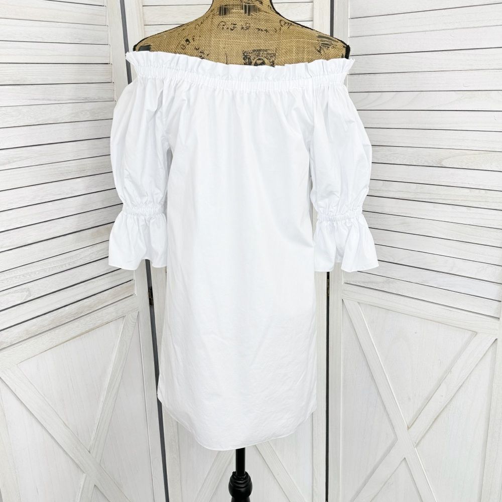 Alice + Olivia Paolo Smocked Off Shoulder‎ Tunic Dress White XS Mini Cotton - Picture 7 of 14